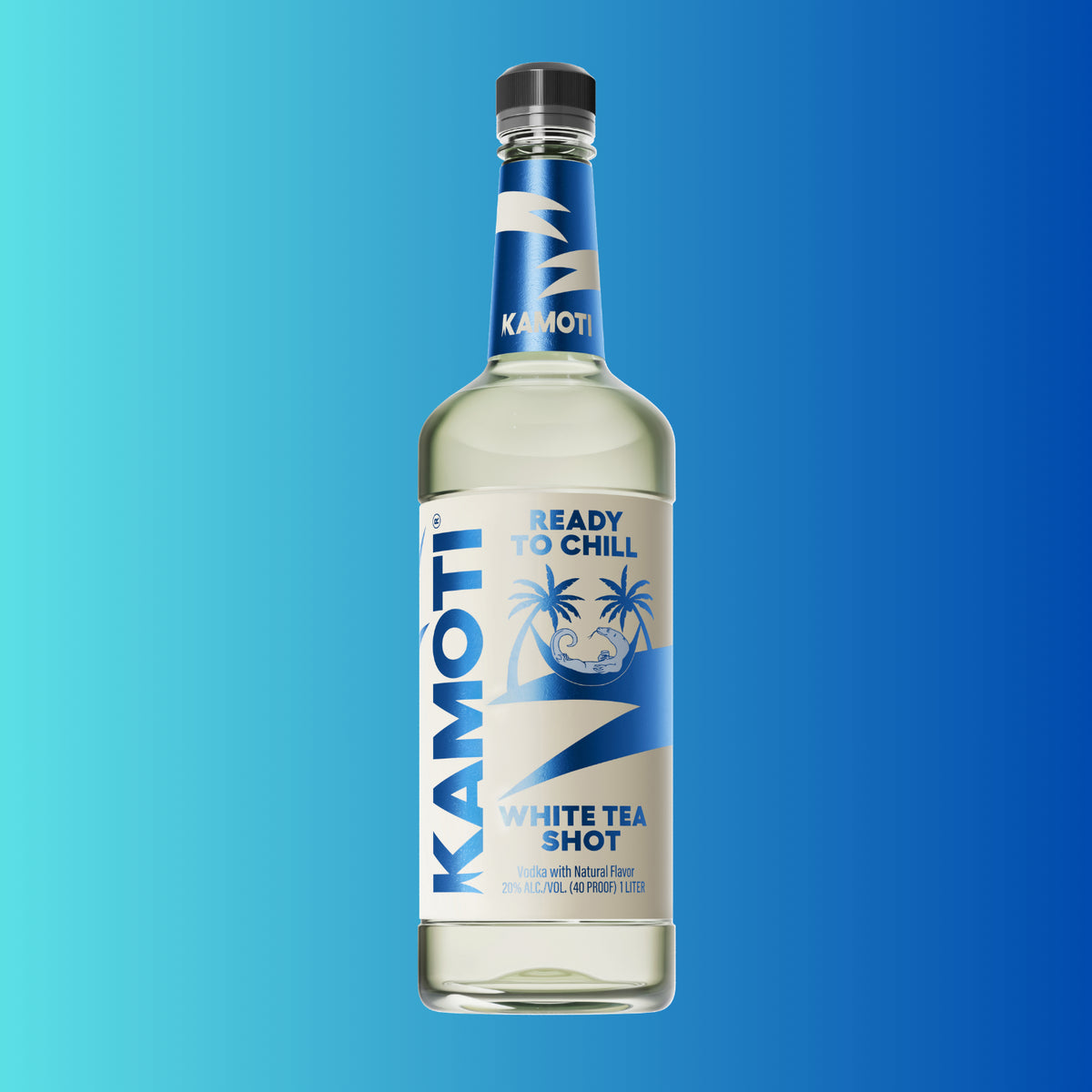 Kamoti White Tea Shot 1L bottle on a blue background